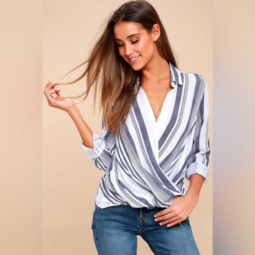 Lulu’s- Sail West Blue and White Striped Surplice Top- NWT
